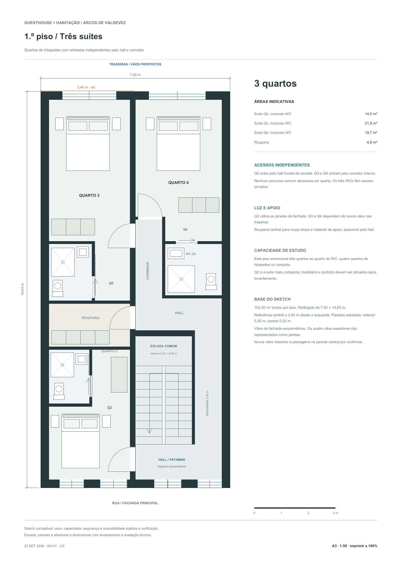 Mixed-use study: first floor with three guest suites