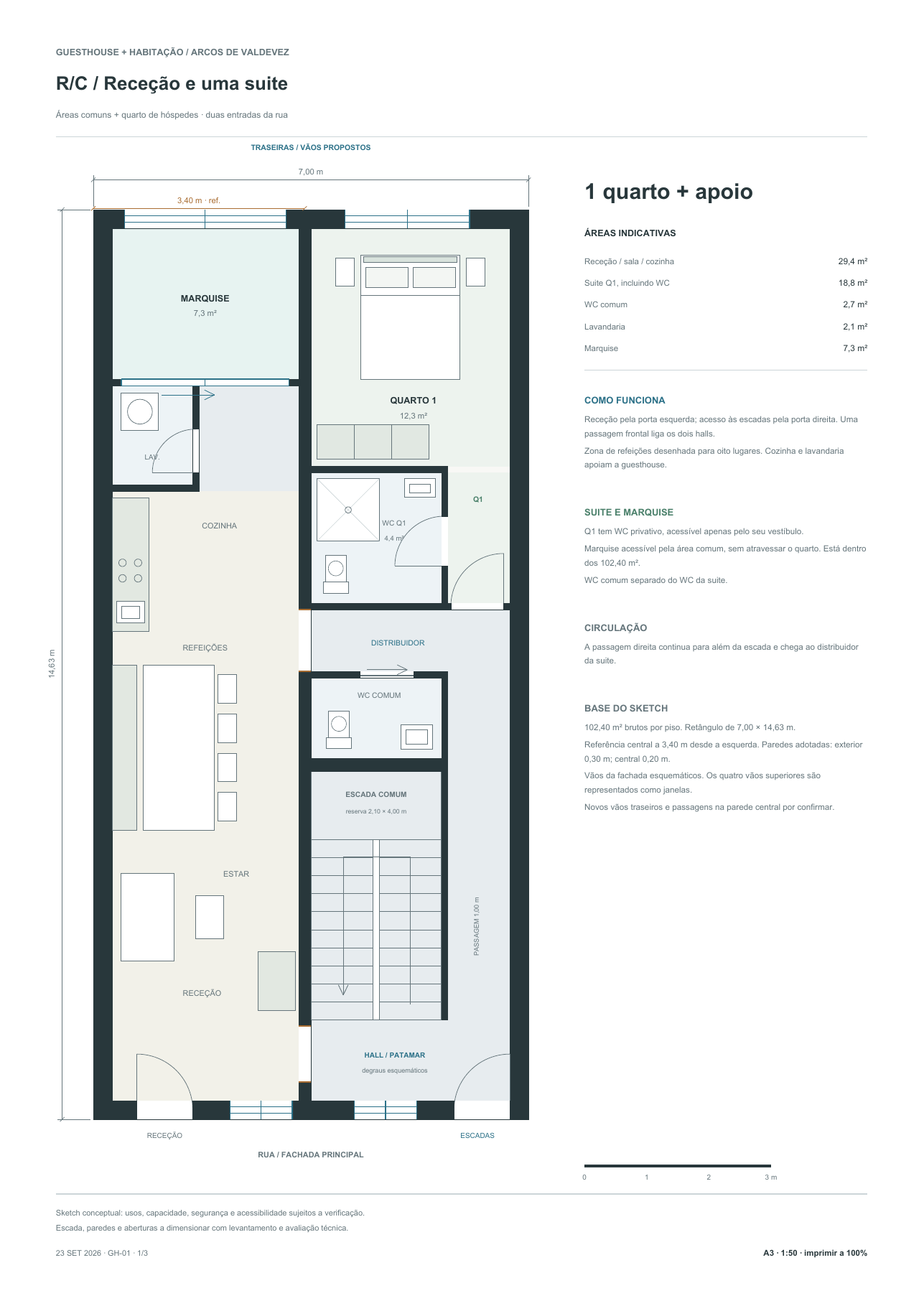 Mixed-use study: ground floor with reception and one guest suite
